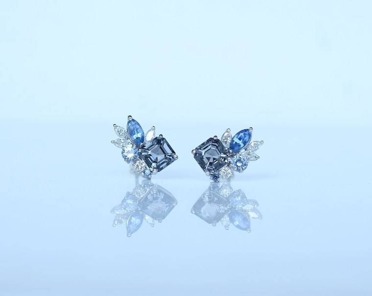 Grey Blue Spinel and Sapphire Ear studs Heritage Gems Fine Jewellery
