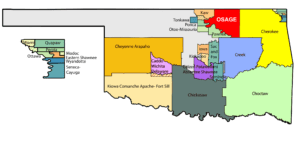 A map of Oklahoma showing the locations of the Native American reservations in present day